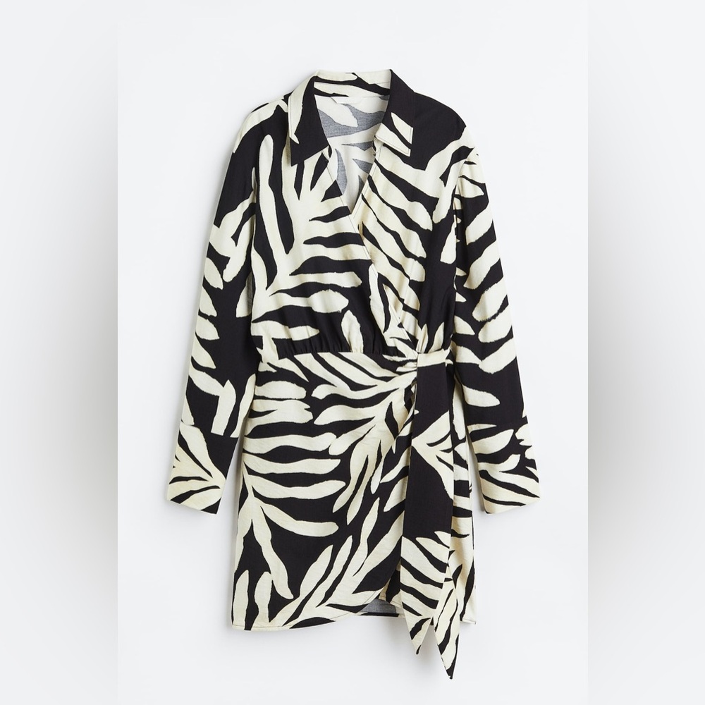 H&M Black & White Zebra Tropical Leaf Wrap Mini Dress - Size S